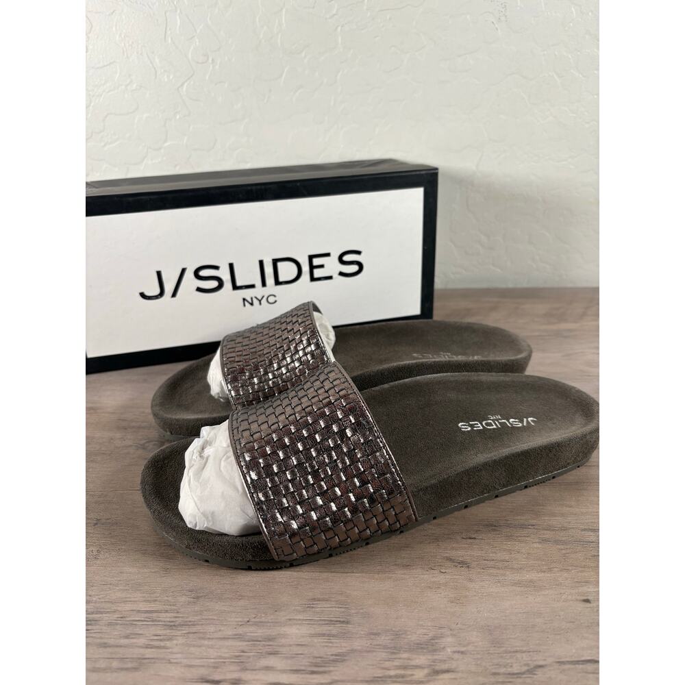 New! J Slides Naomi Pewter Metallic Leather Slides Sandals Soft footbed Size 10